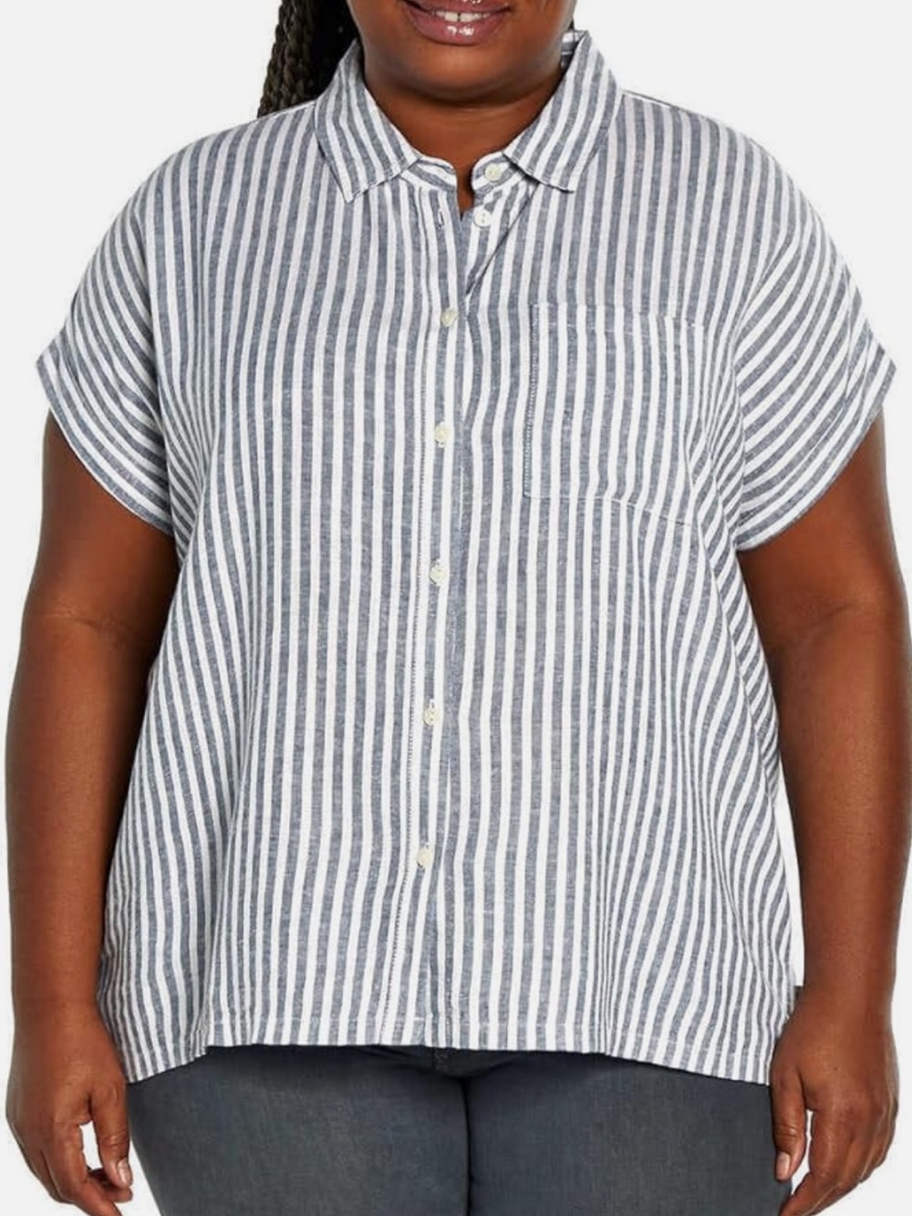 Orvis Linen Blend Blue Stripe Shirt Women's XXL Short Sleeve Coastal Cottagecore